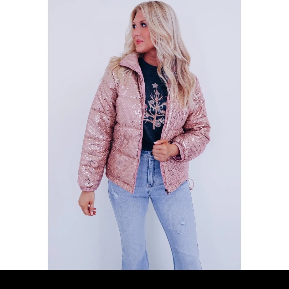 Rose Gold Sequin Puffer Jacket - Women's Sparkle Coat